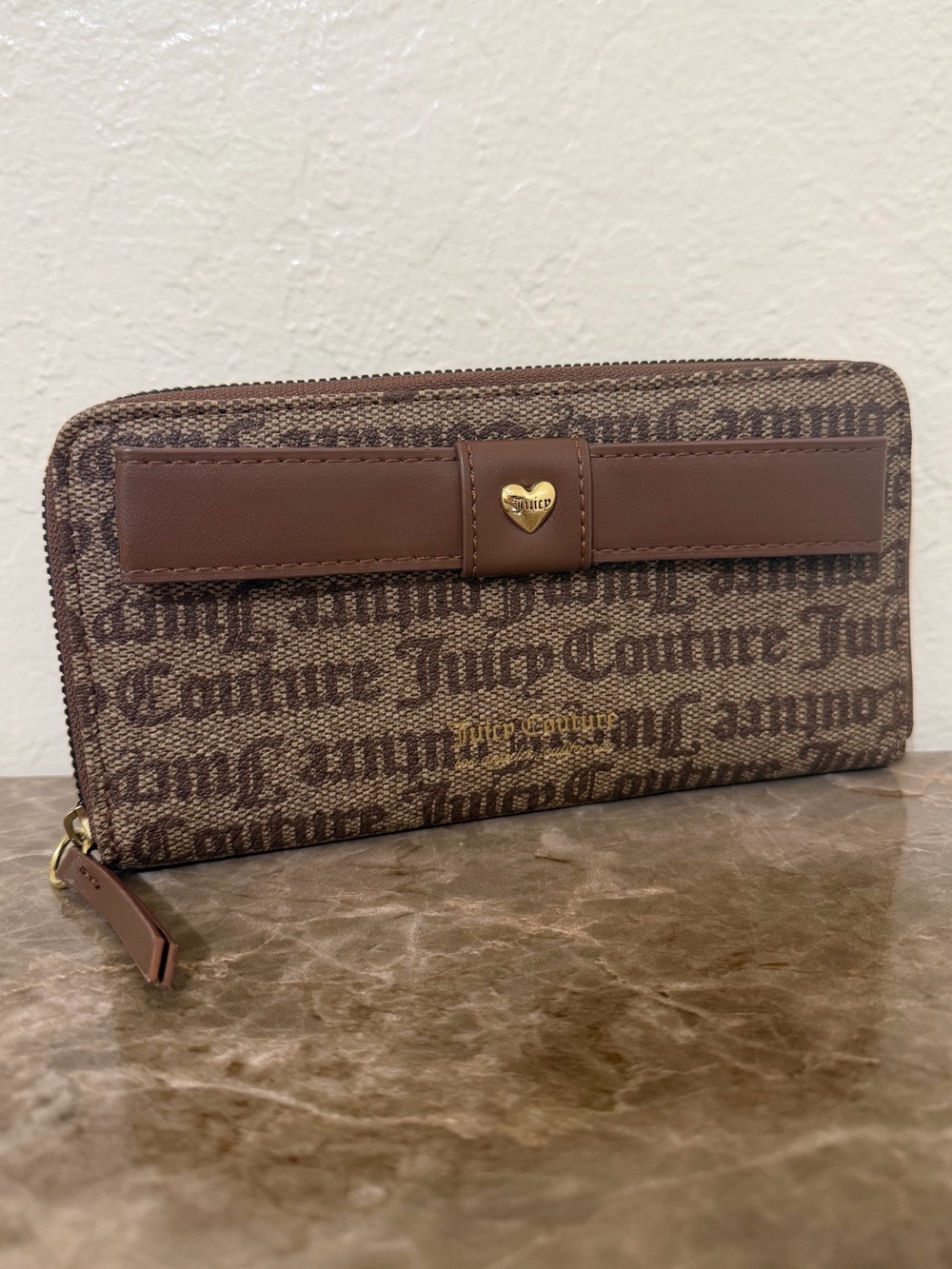 Juicy Couture Brown Signature Long Zip Wallet with Bow